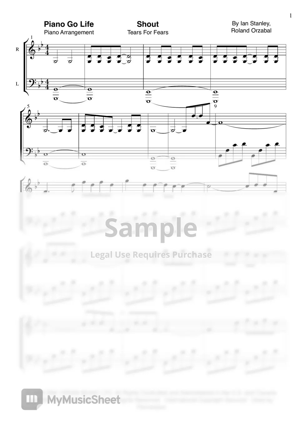 Tears For Fears Shout Sheets by Piano Go Life