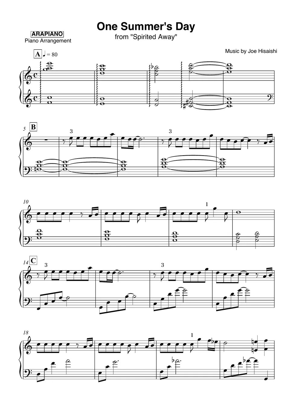 Joe Hisaishi One Summer's Day Sheet by ARAPIANO