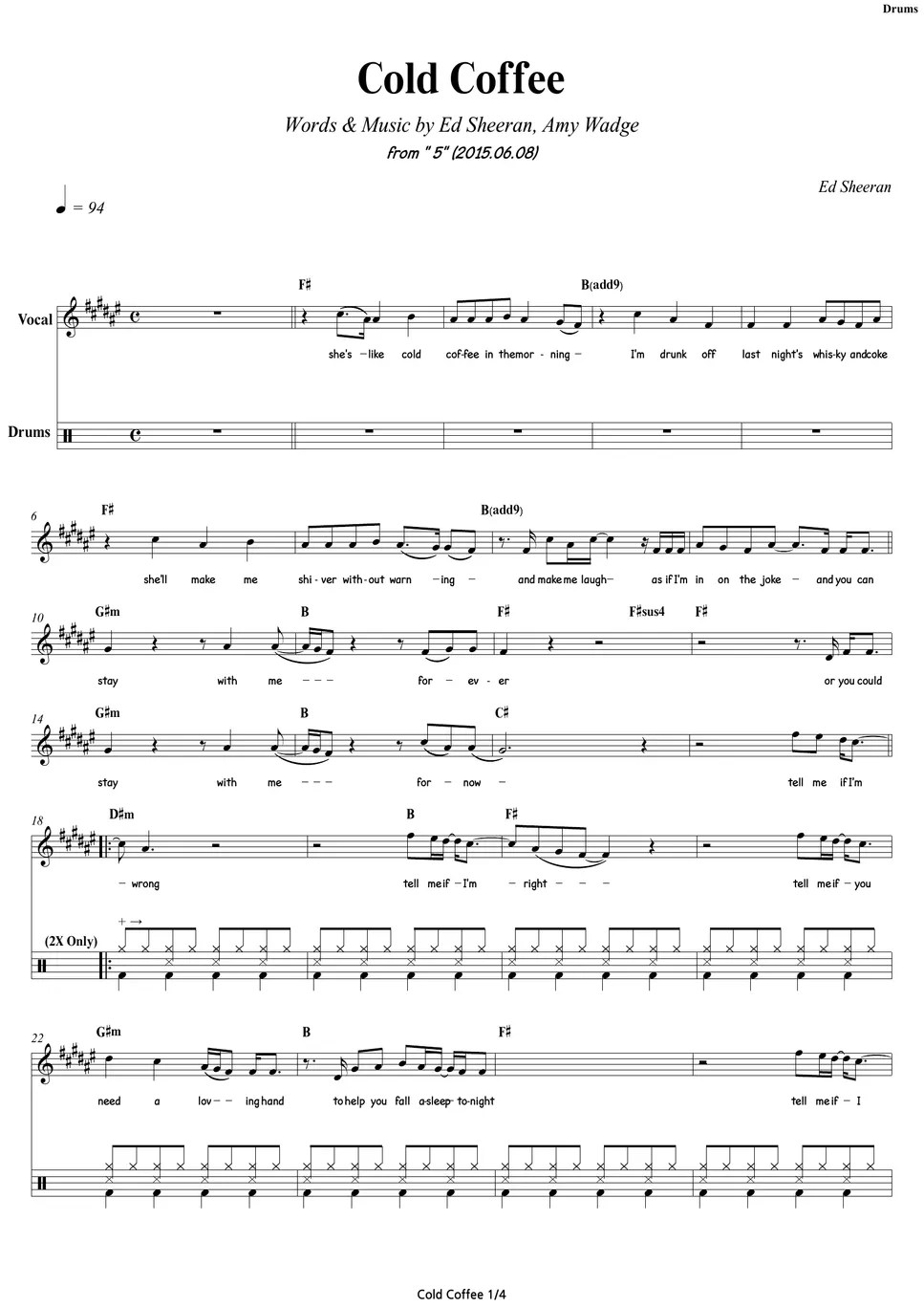 Cold Coffee Ed Sheeran Drums 드럼 Sheets