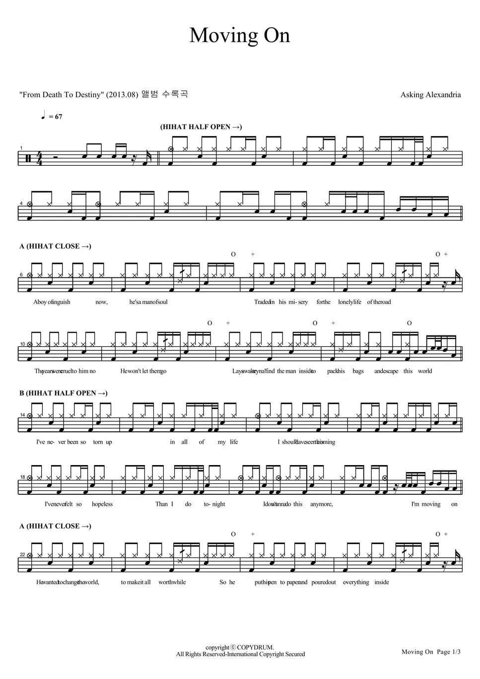 Asking Alexandria Moving On Sheet by COPYDRUM