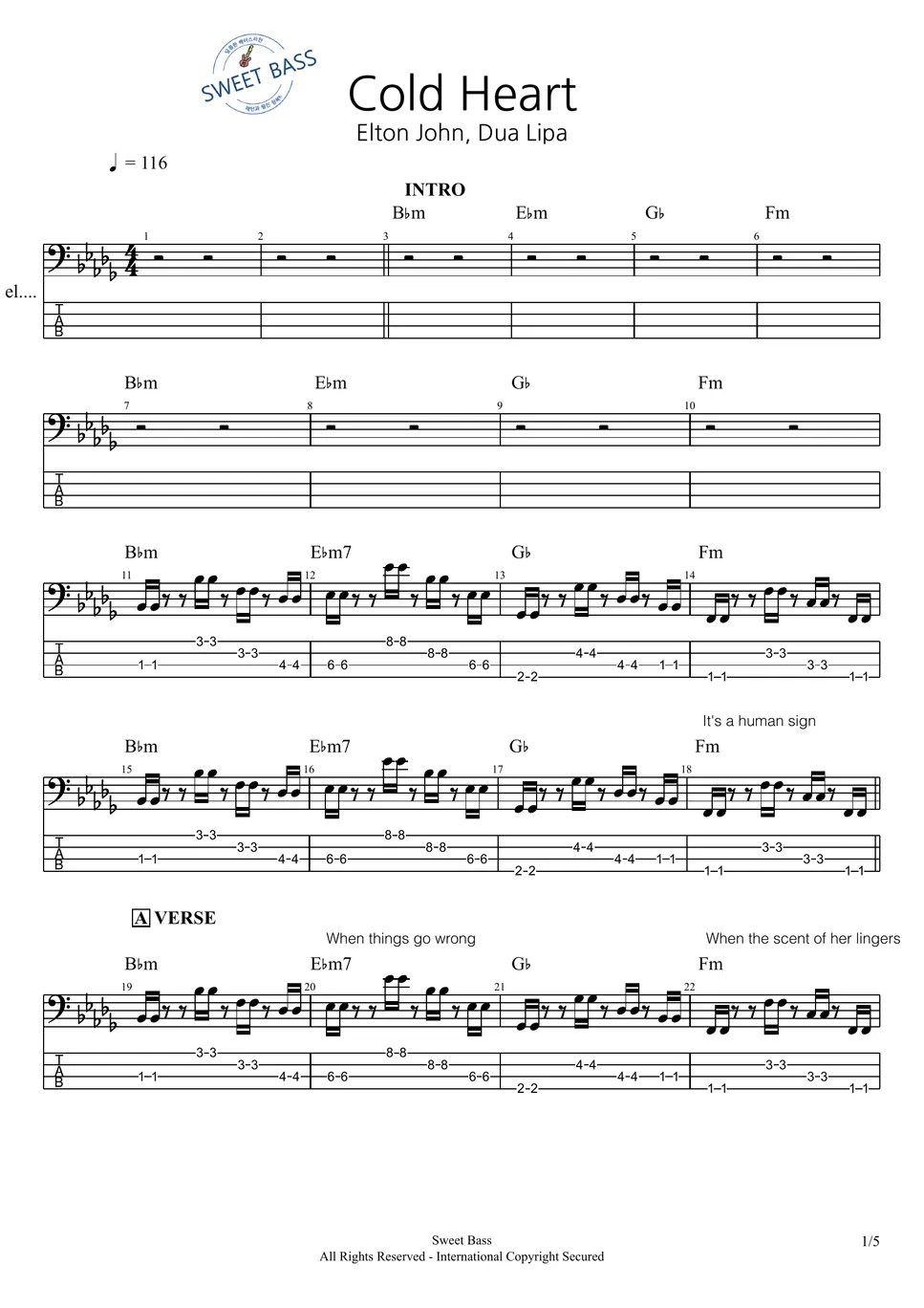 Elton John, Dua Lipa Cold Heart (Bass) TAB by Sweet Bass