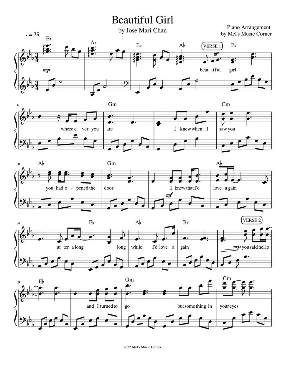 Jose Mari Chan Beautiful Girl (piano sheet music) 악보 by Mel's Music