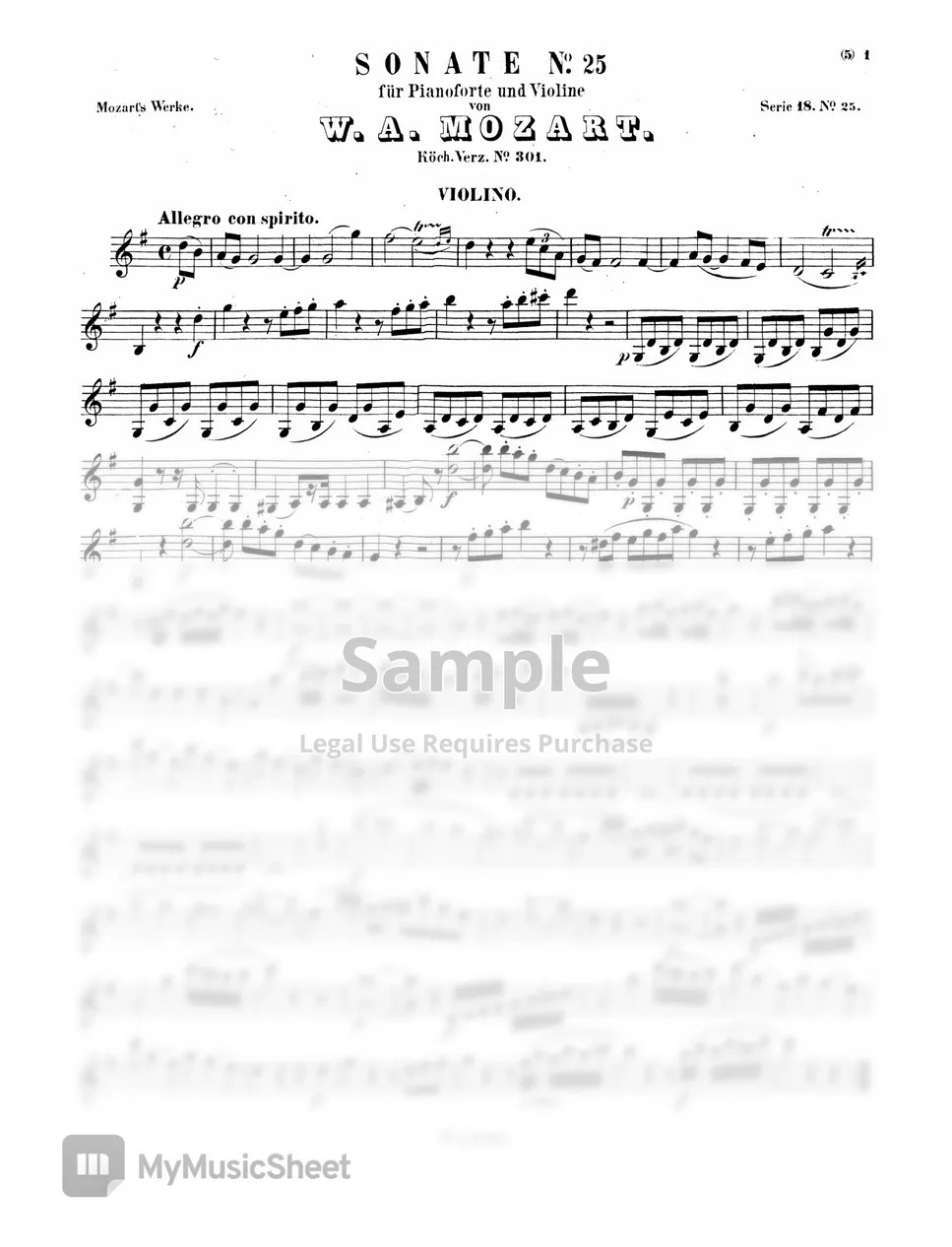 W.A.Mozart Violin Sonata No. 25, G Major, K. 301 악보 by Original Sheet