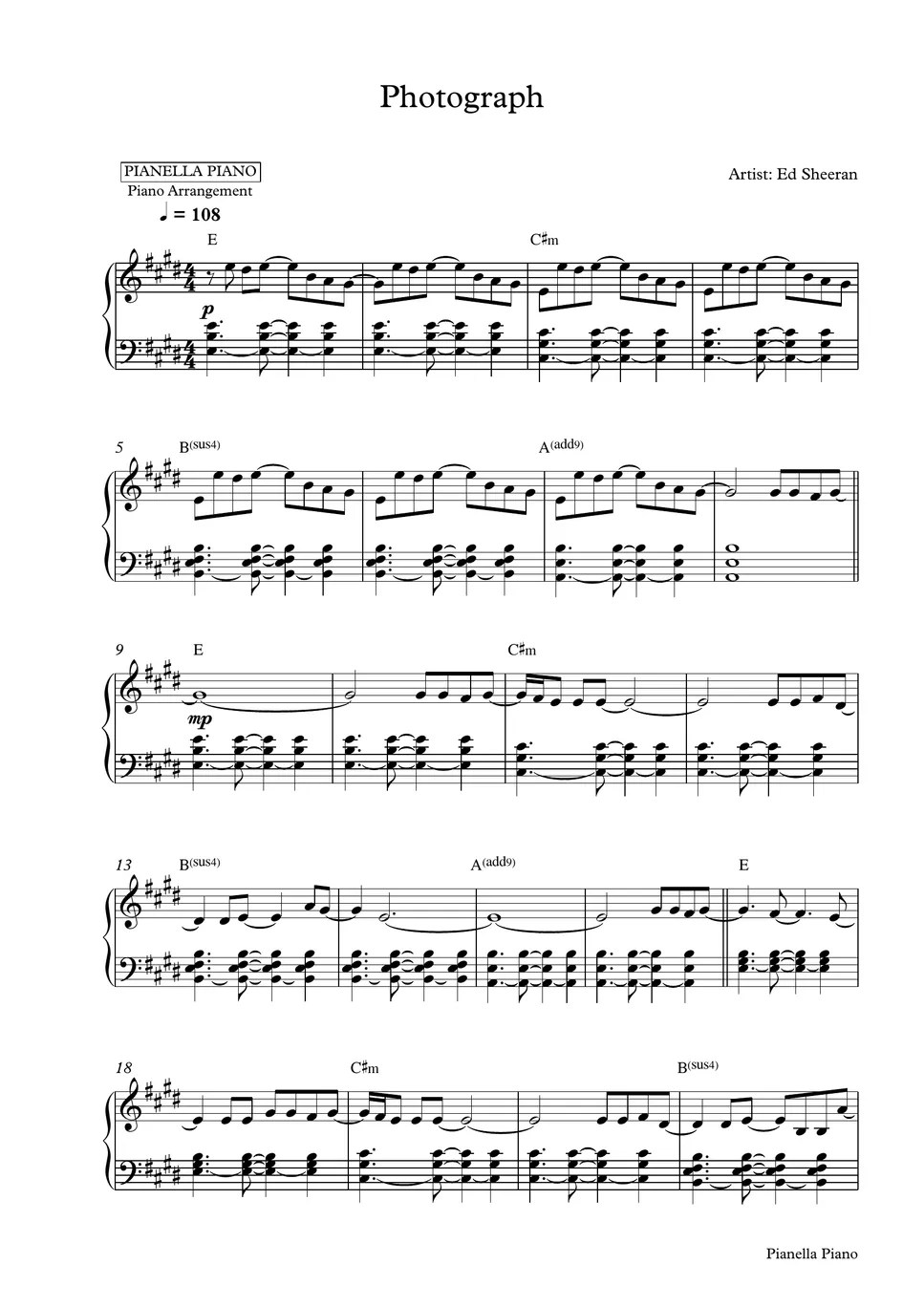 Ed Sheeran Photograph (Piano Sheet) Notenblatt by Pianella Piano