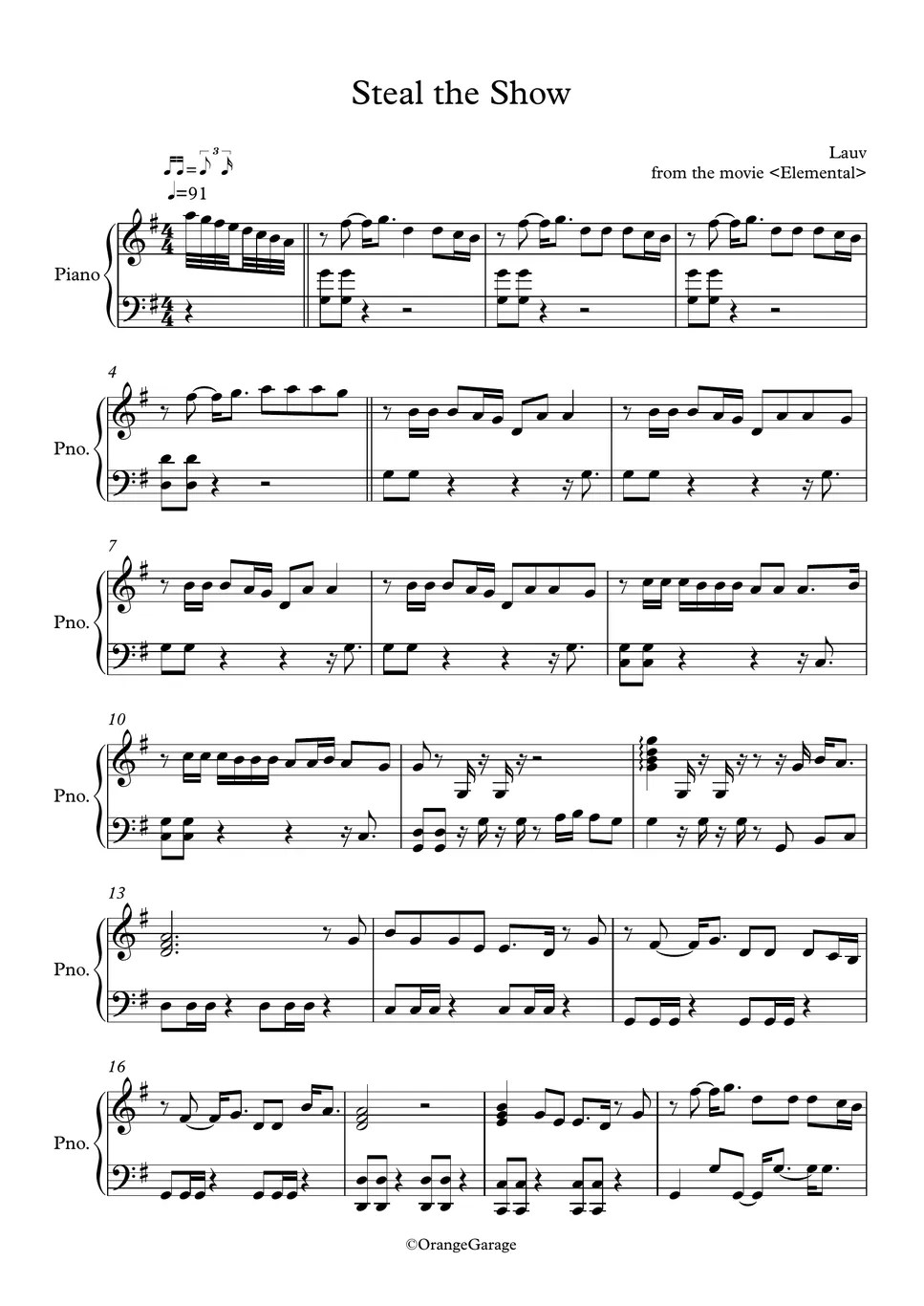 Lauv Steal the Show (Elemental OST) Sheet by OrangeGarage