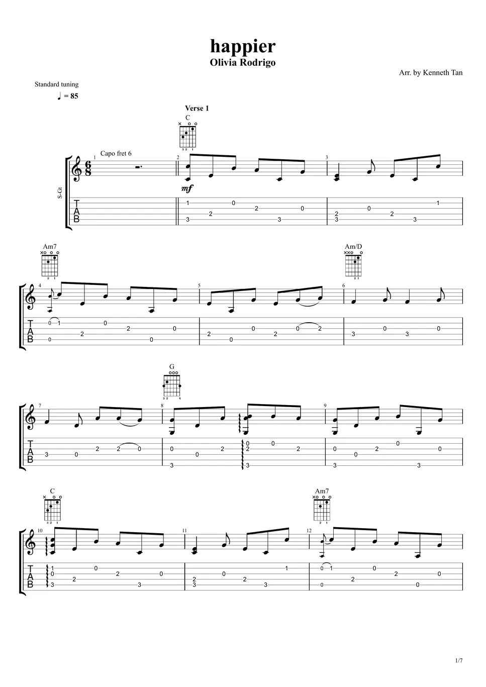 Olivia Rodrigo Fingerstyle Guitar happier TAB by Acoustic