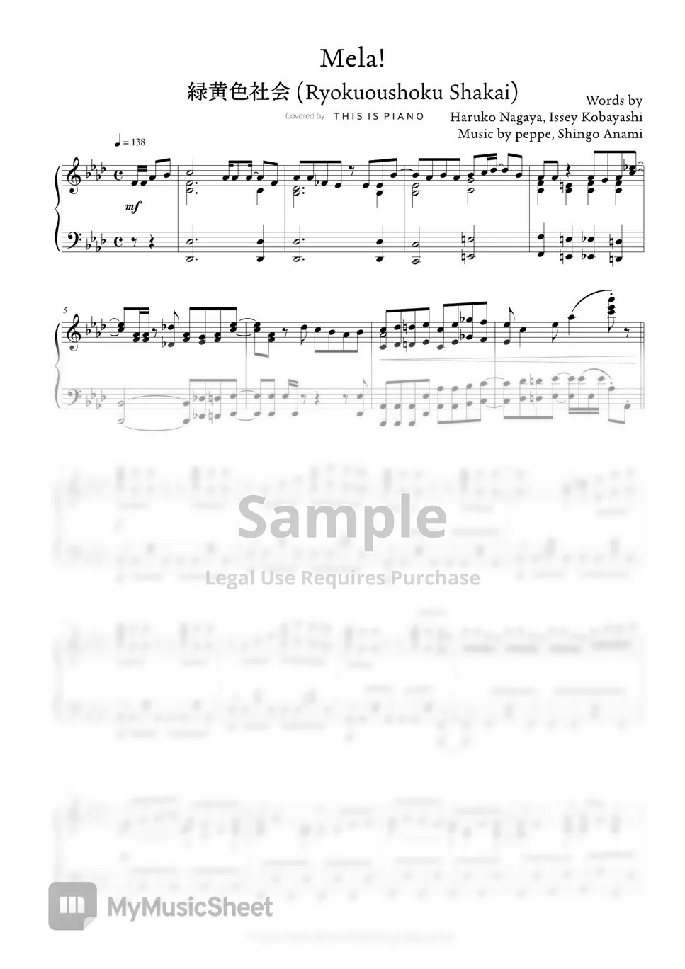 Ryokuoushoku Shakai Mela! Sheets by THIS IS PIANO