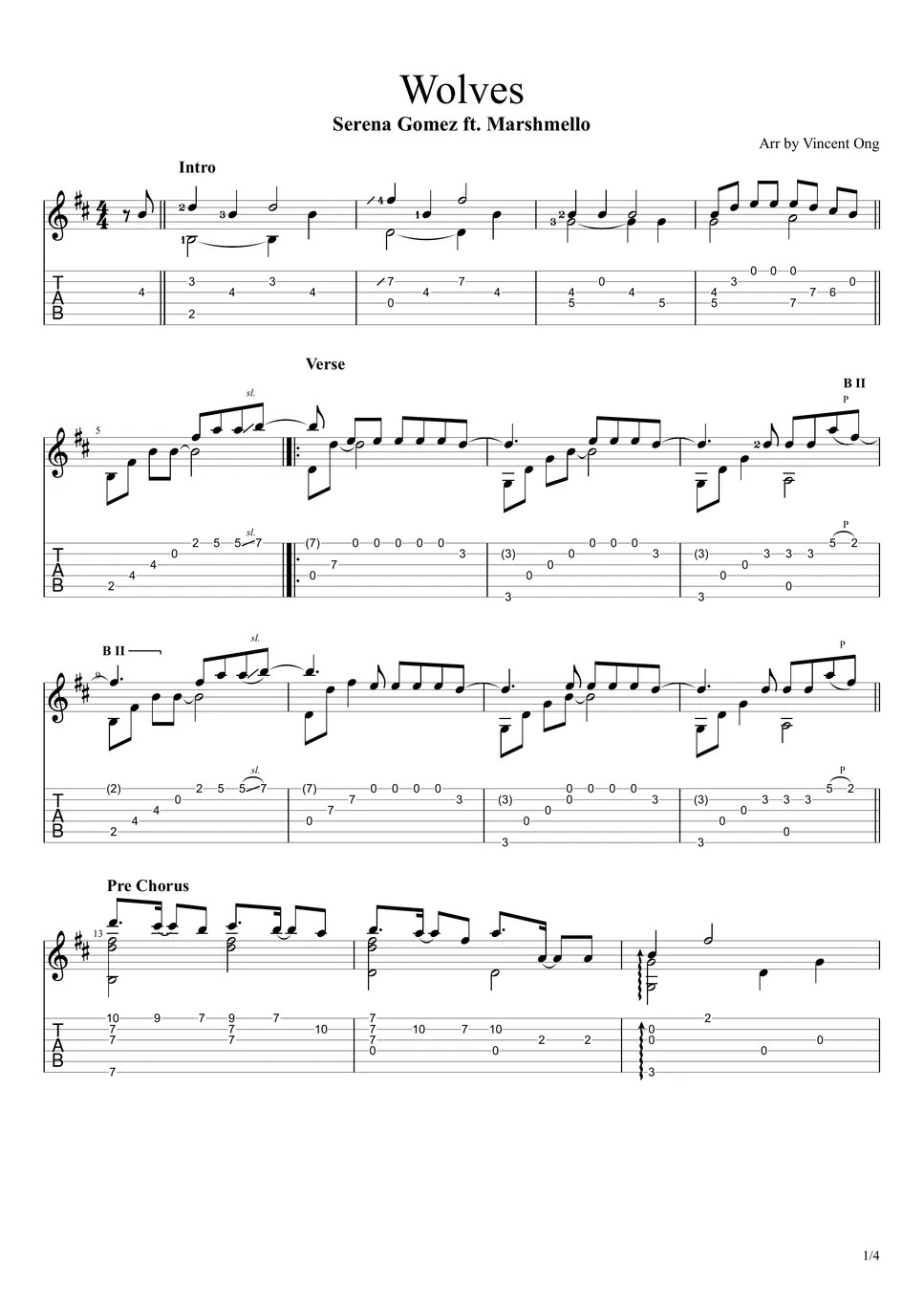 Selena Gomez Wolves (Guitar Fingerstyle) Tab + 단선 악보 by Vincent Ong