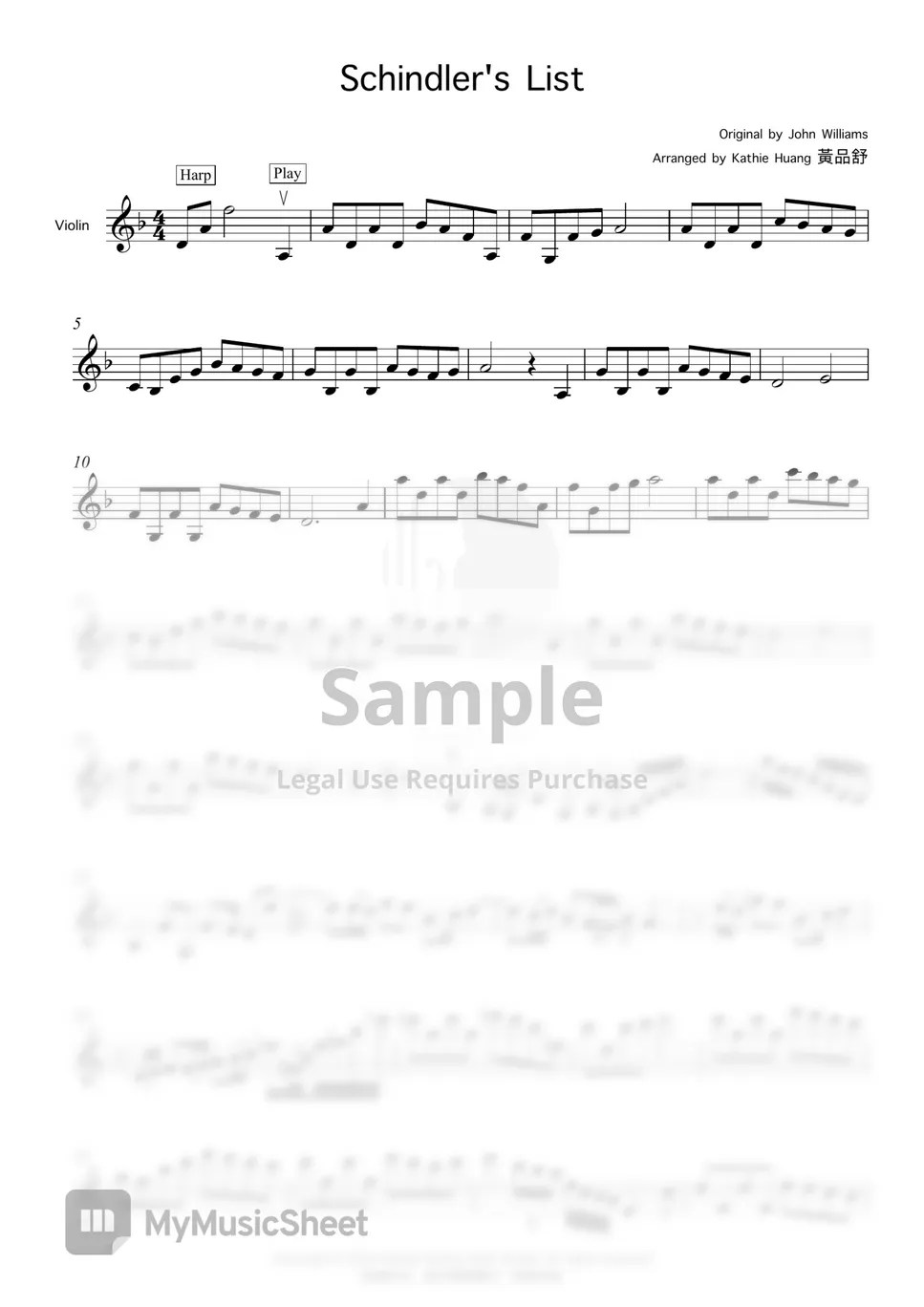John Williams Schindler's List (電影辛德勒的名單主題曲) Sheets by Kathie Violin