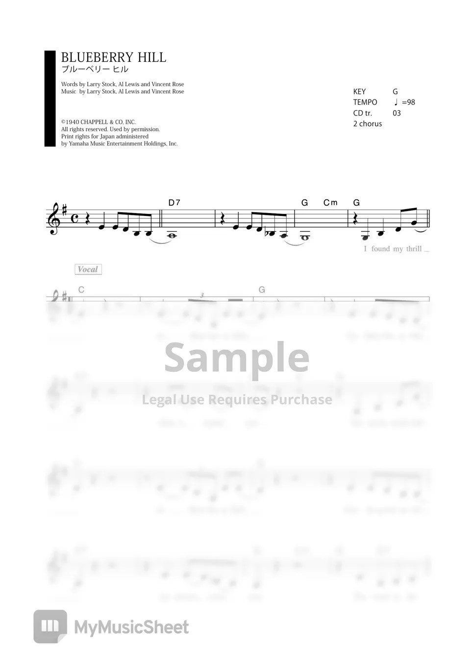 BLUEBERRY HILL (VOCAL MAGAZINE) Sheets by Far East Island Record