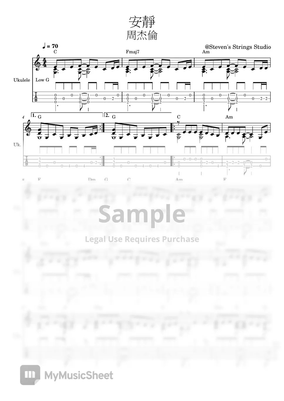 周杰倫 安靜 (Ukulele Fingerstyle Solo / Easy ver.) Tab + 1staff by Steven