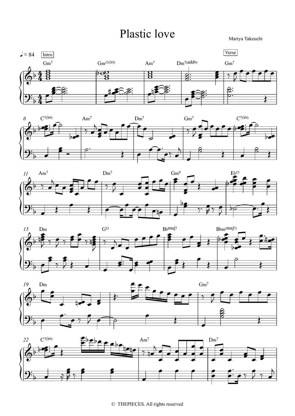 Mariya Takeuchi Plastic Love 曲谱 by Thepieces