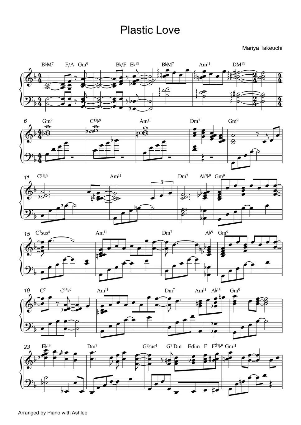 Mariya Takeuchi Plastic Love [プラスティック・ラヴ] نوتة by Piano With Ashlee