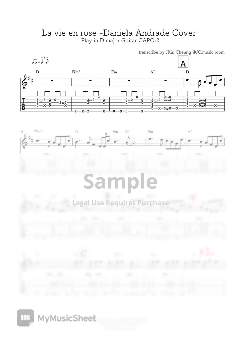 Daniela Andrade La Vie En Rose (Guitar part) Tab + 단선 악보 by JKin