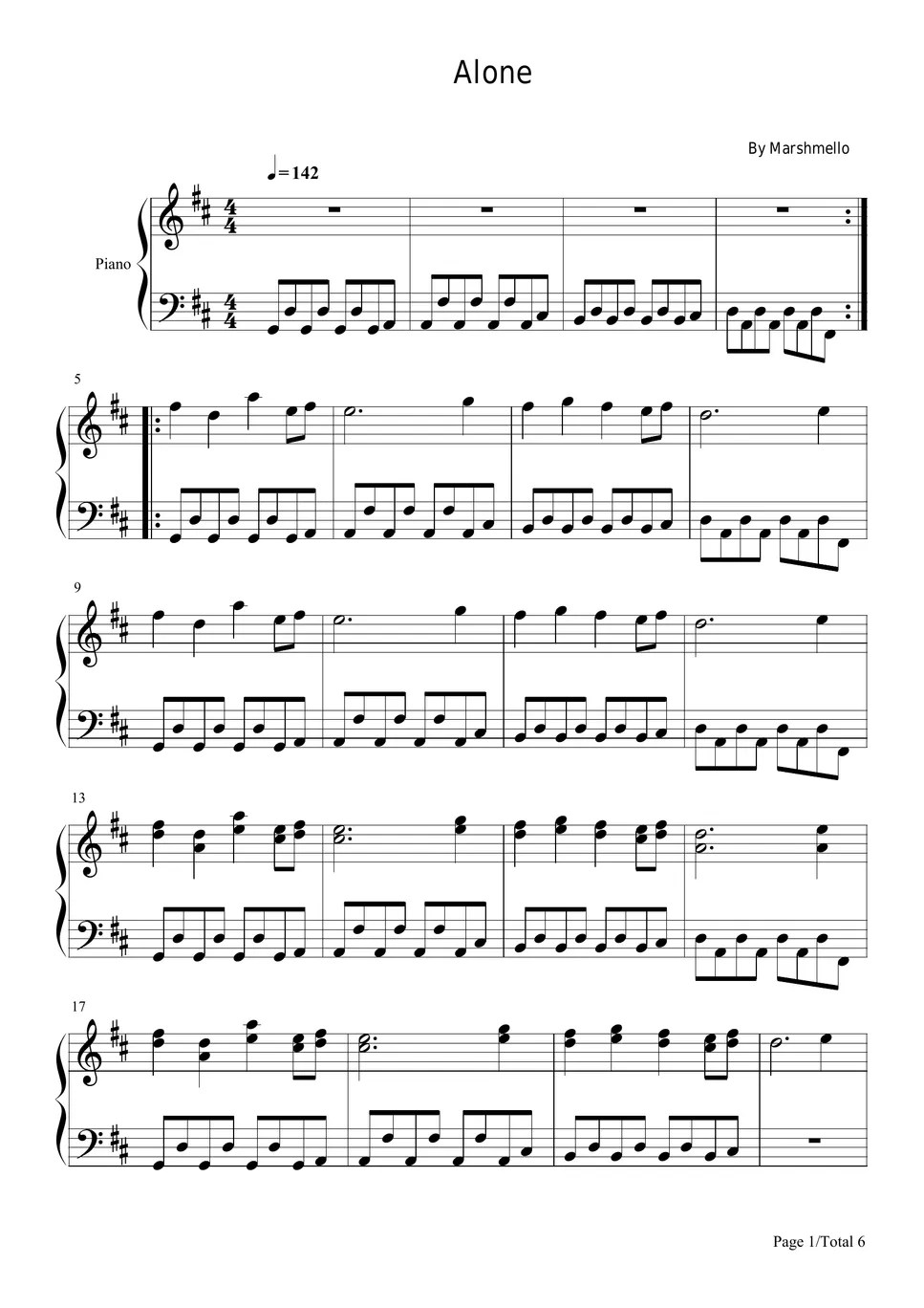 Marshmello Alone (For Piano Solo) نوتة by poon