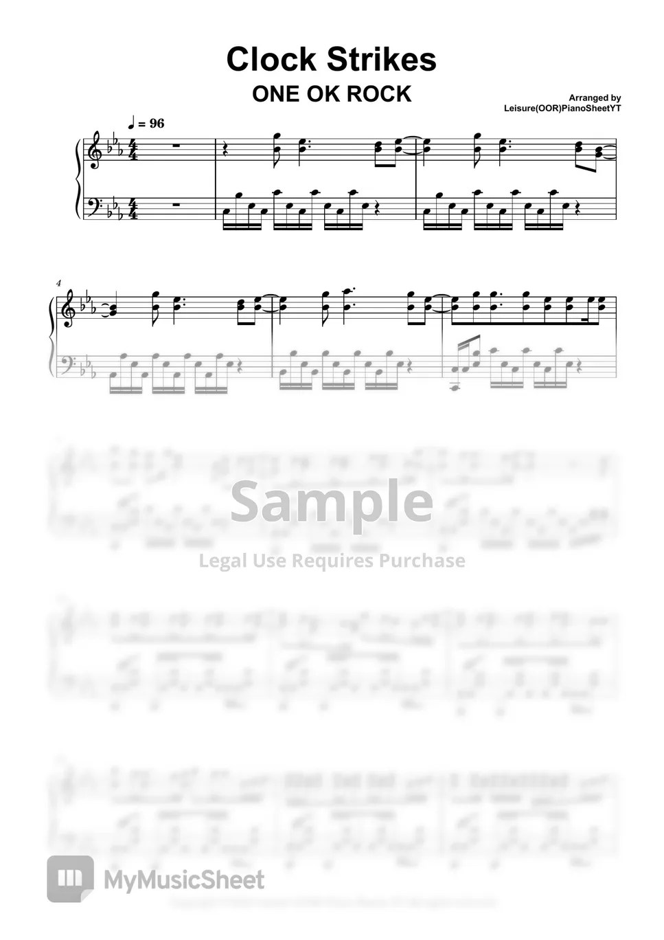 ONE OK ROCK Clock Strikes 악보 by Leisure (OOR) Piano Sheets YT