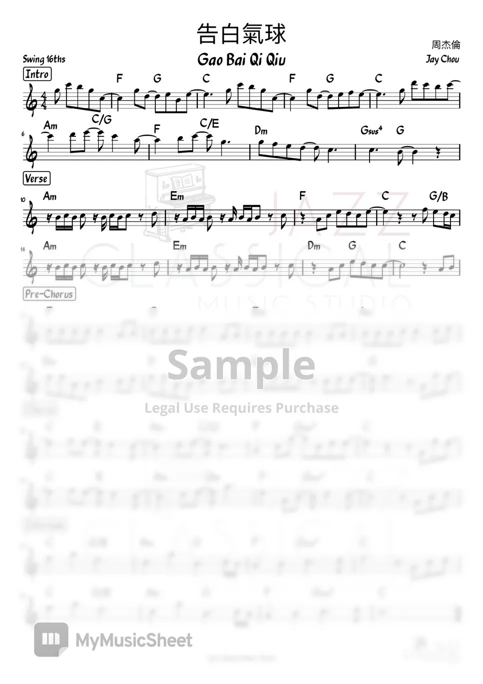 Jay Chou 告白氣球 (Gao Bai Qi Qiu) Spartito by Jazz Classical Music Studio