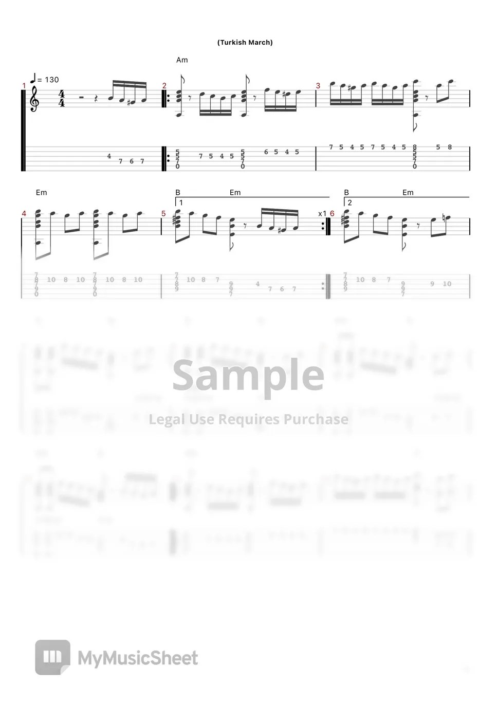 Mozart Rondo Alla Turca (Turkish March) (Solo Guitar) Tab + 1staff by