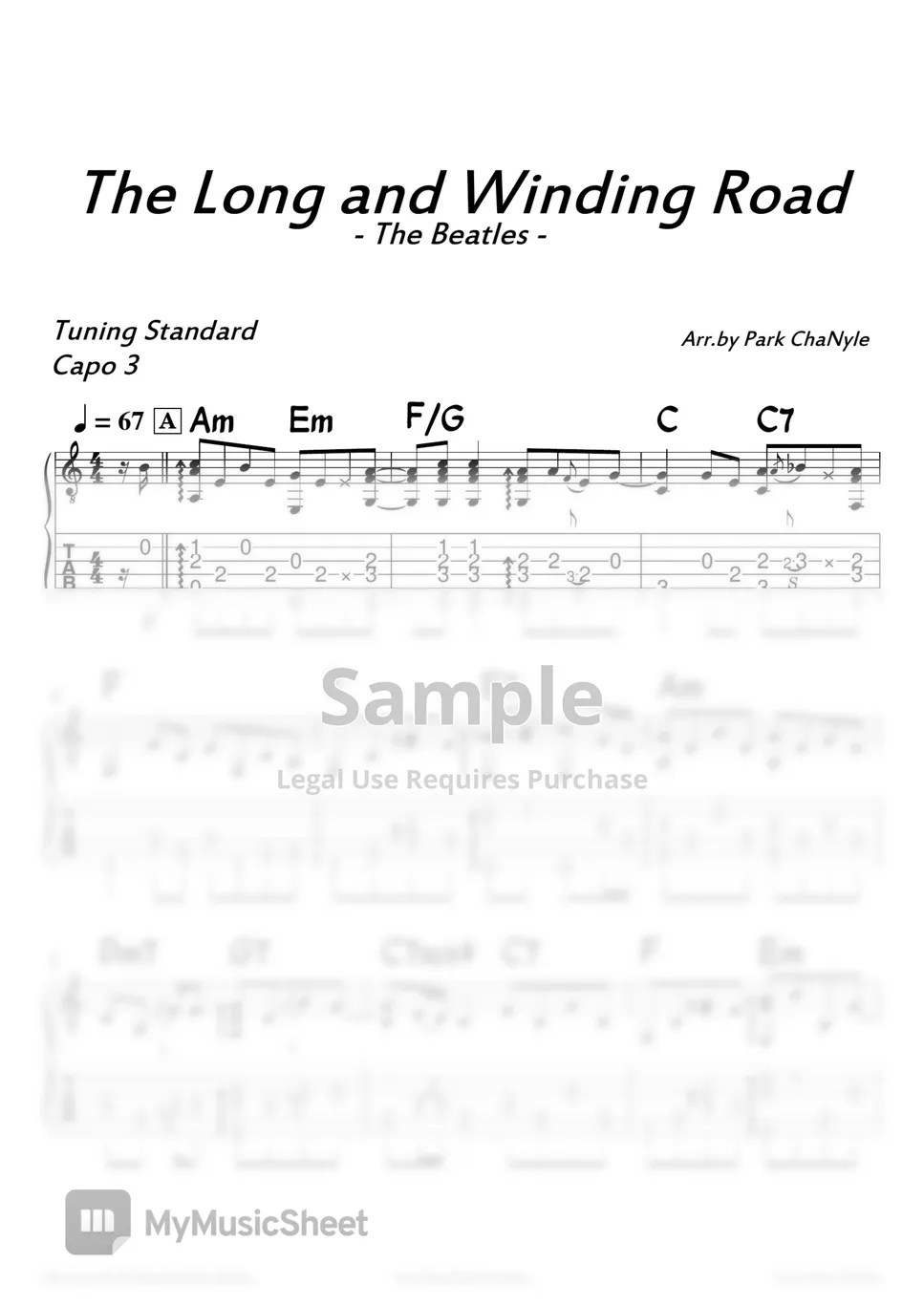 The Beatles The Long and Winding Road (Fingerstyle Guitar) Tab + 단선
