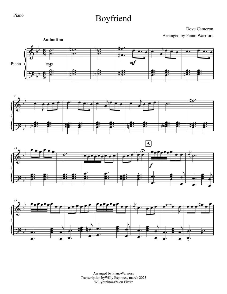 Dove Cameron Boyfriend Sheets by Piano Warriors