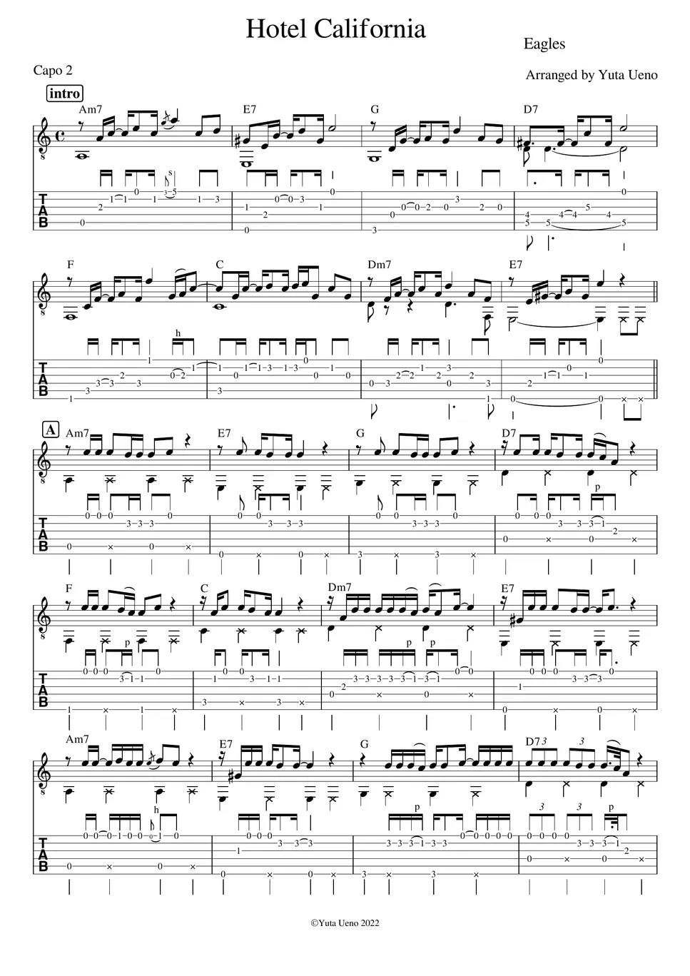 Eagles Hotel California (Fingerstyle) Tab + 단선 악보 by Yuta Ueno