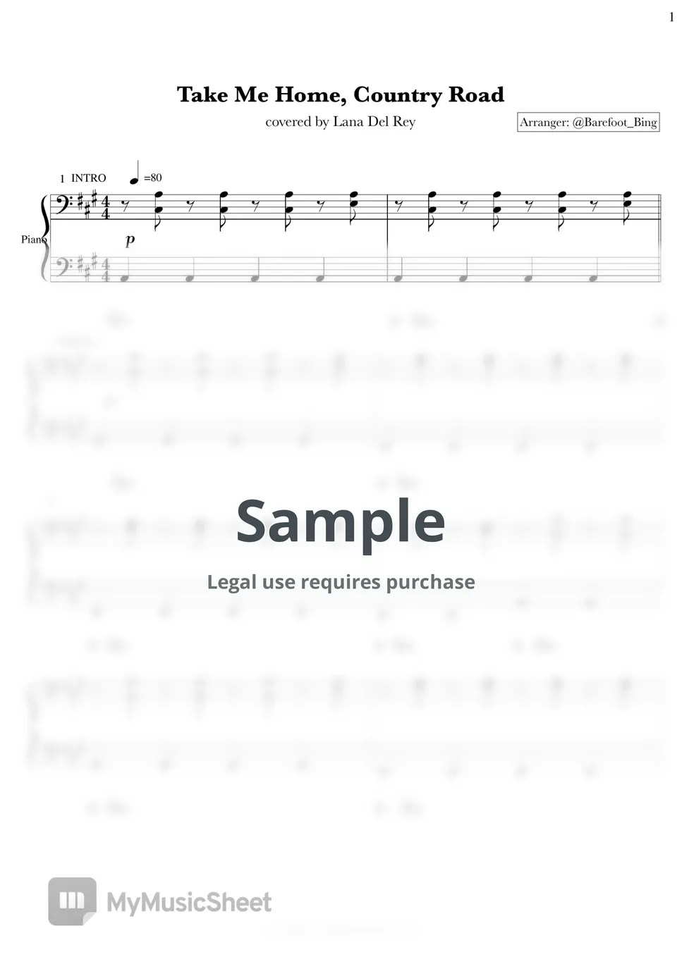 John Denver Take Me Home, Country Road (Lana Del Rey Cover) Sheets by