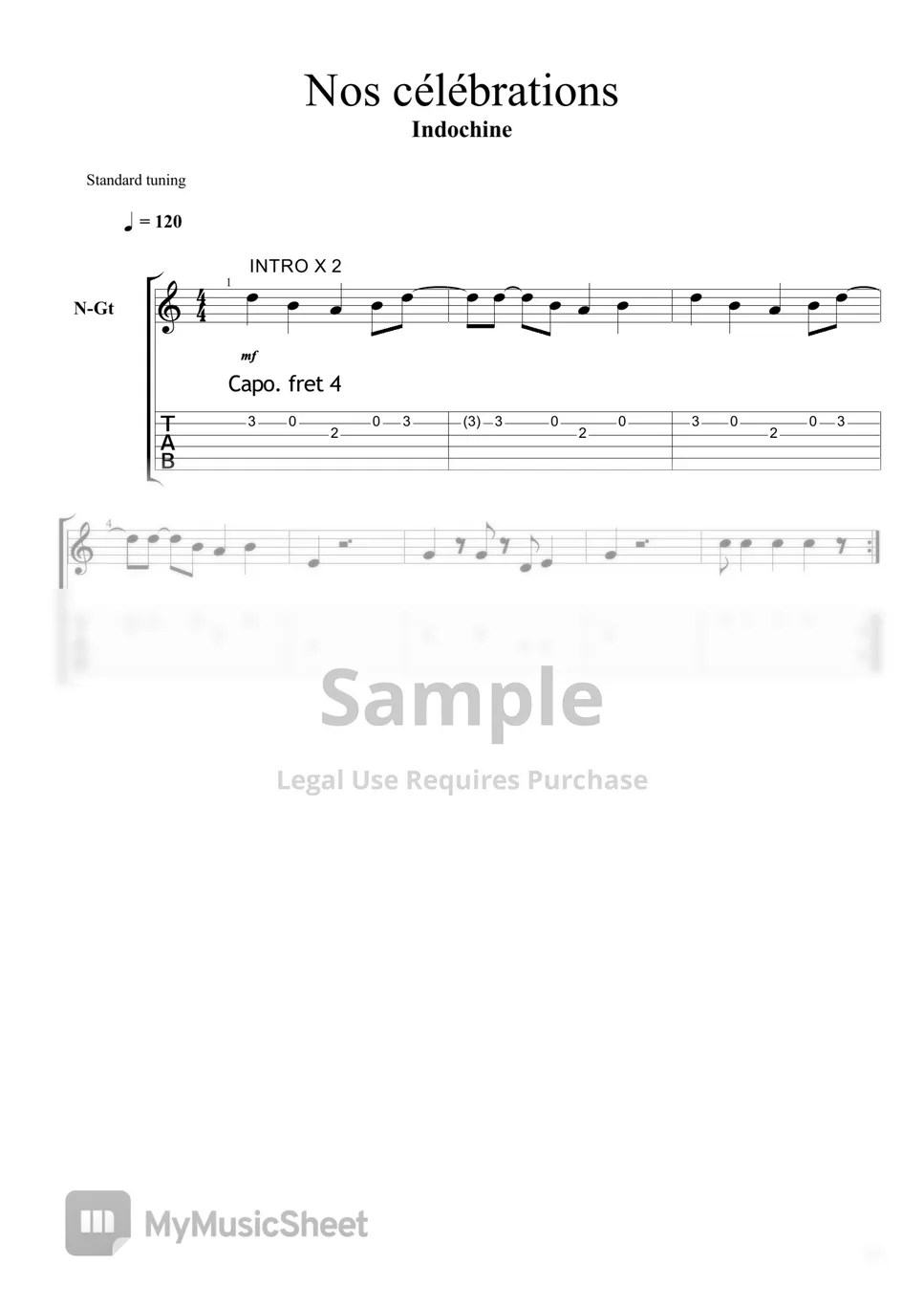 Indochine Nos célébrations Partitura by Intro en tablature + Accords