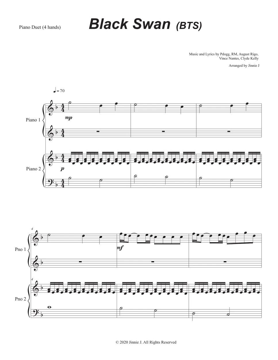 BTS (방탄소년단) Black Swan (1 piano 4 hands) 악보 by Jinnie J