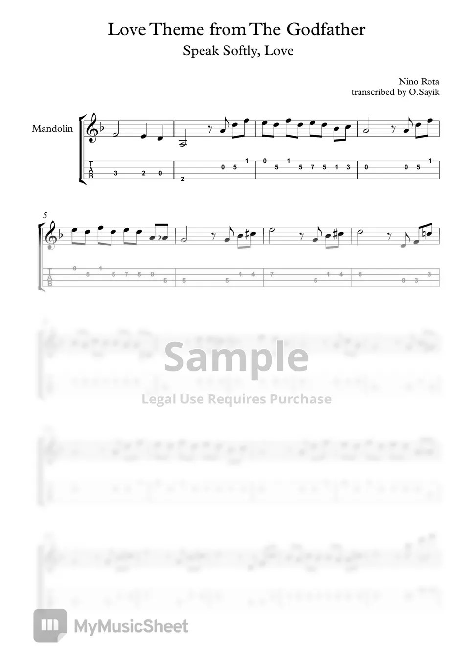 Godfather Speak Softly Love (Mandolin arrangement, No Capo, Standard