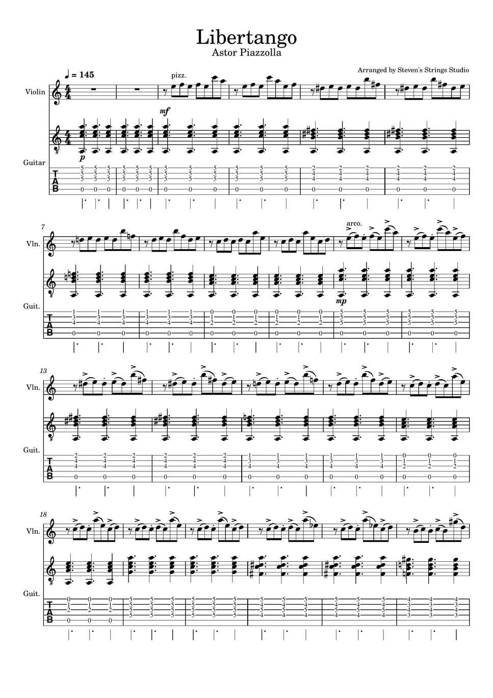 Astor Piazzolla Libertango (Violin Guitar Duet) Sheets by Steven's