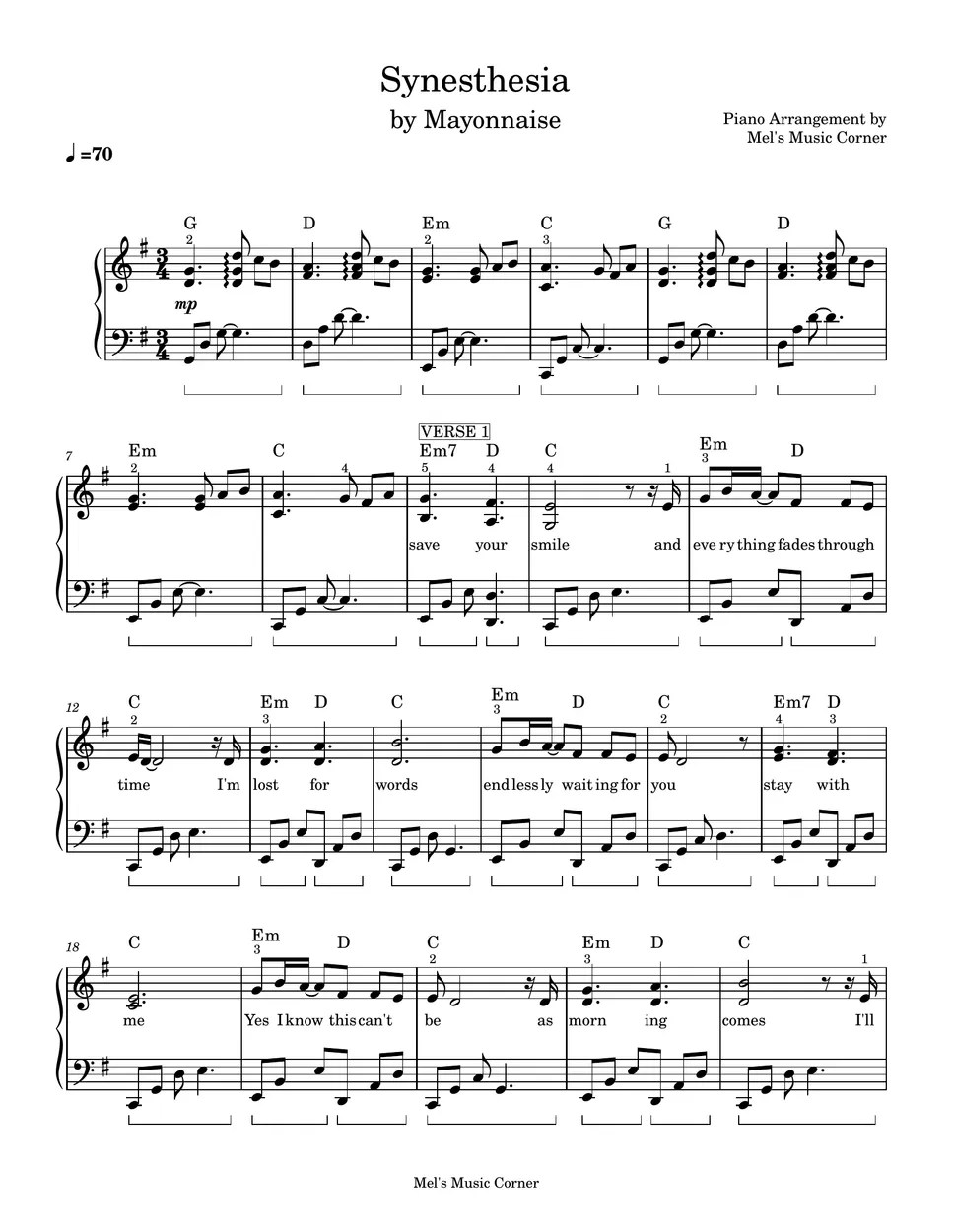 Mayonnaise Synesthesia (piano sheet music) Sheets by Mel's Music Corner