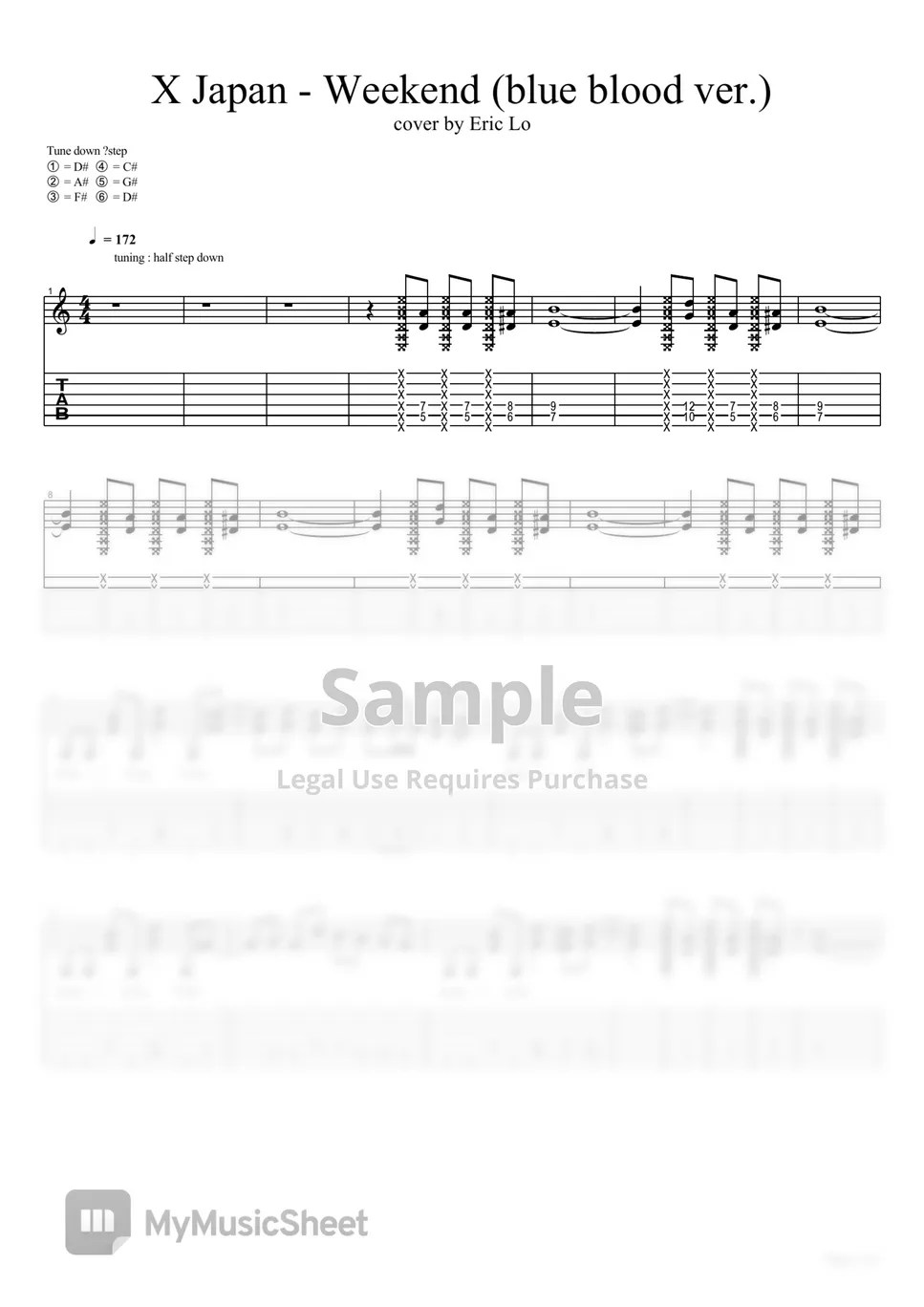 X Japan Weekend guitar cover Tab + Partition à une seule portée by