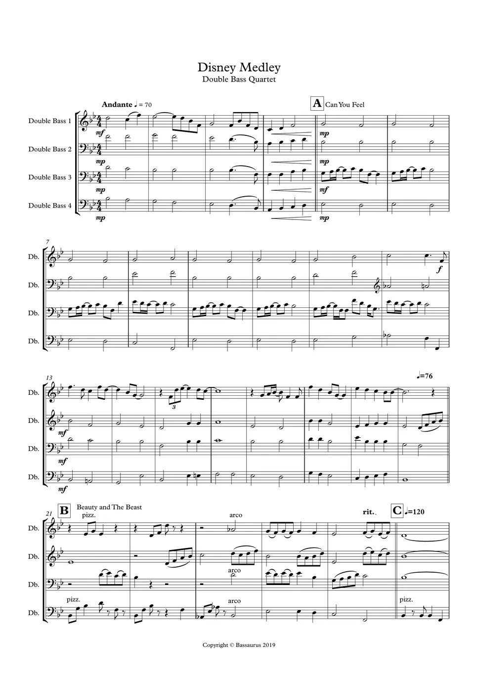 Disney Medley Disney Medley for Double Bass Quartet Sheet by Lingga