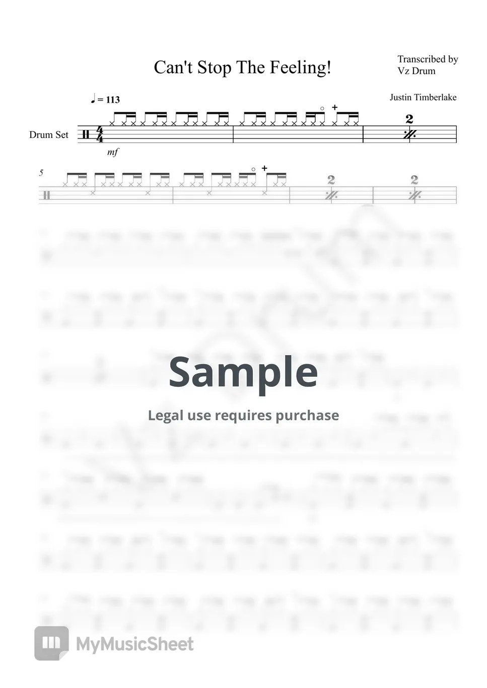 Justin Timberlake Can't Stop The Feeling! 악보 by Vz Drum