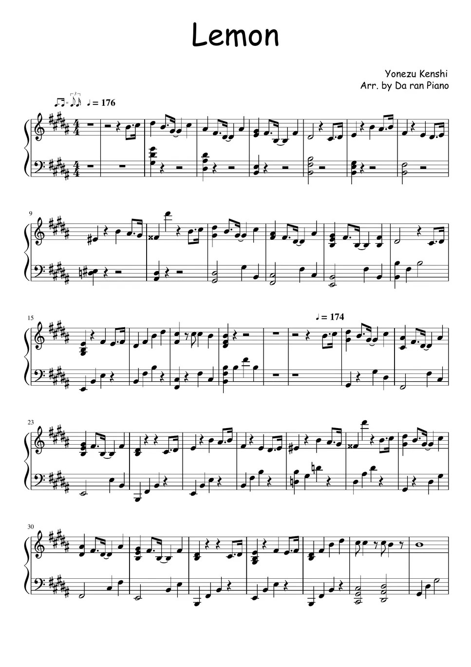 Kenshi Yonezu Lemon Sheet by Da ranPiano