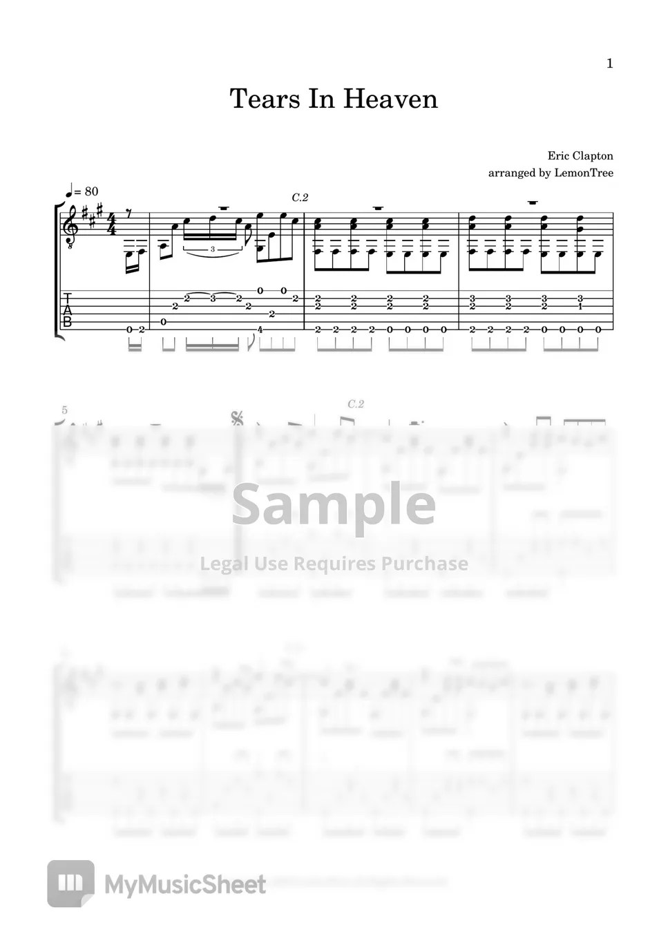 Eric Clapton Tears In Heaven (Fingerstyle) Tab + 1staff by LemonTree