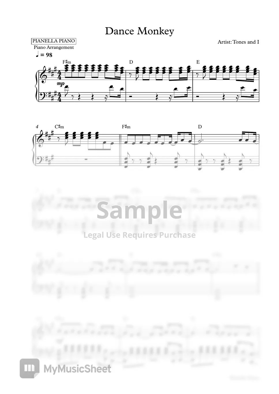 TONES AND I Dance Monkey (Piano Sheet) Sheets by Pianella Piano