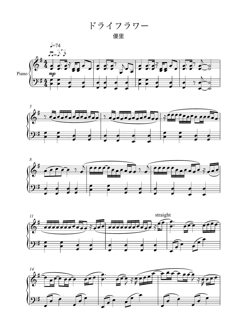 Yuuri Dry flower Bản nhạc by tai's piano room