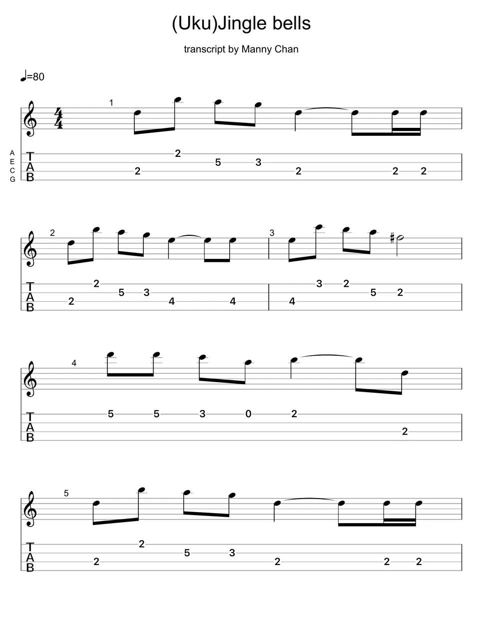 Traditional Jingle bells (Ukulele tab) Tab + 1staff by Manny Chan
