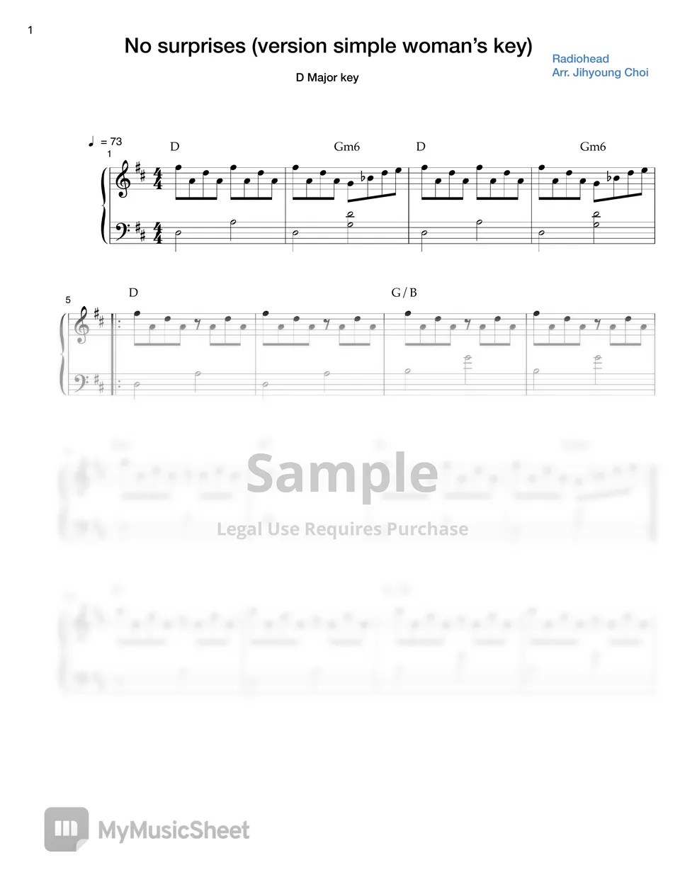 Radiohead No surprises (Higher key) Sheets by Tutopianorial