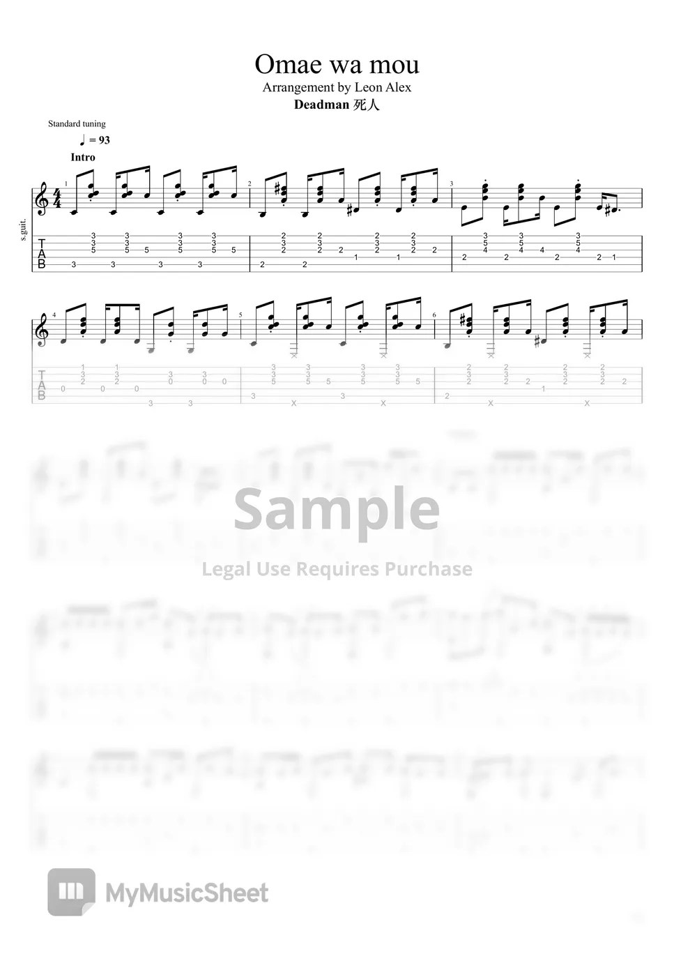 Deadman 死人 Omae wa mou (Fingerstyle) Sheets by Leon Alex