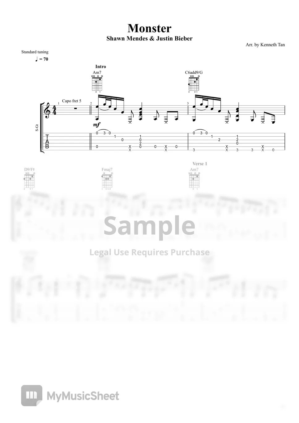 Shawn Mendes & Justin Bieber Fingerstyle Guitar Monster Sheets by