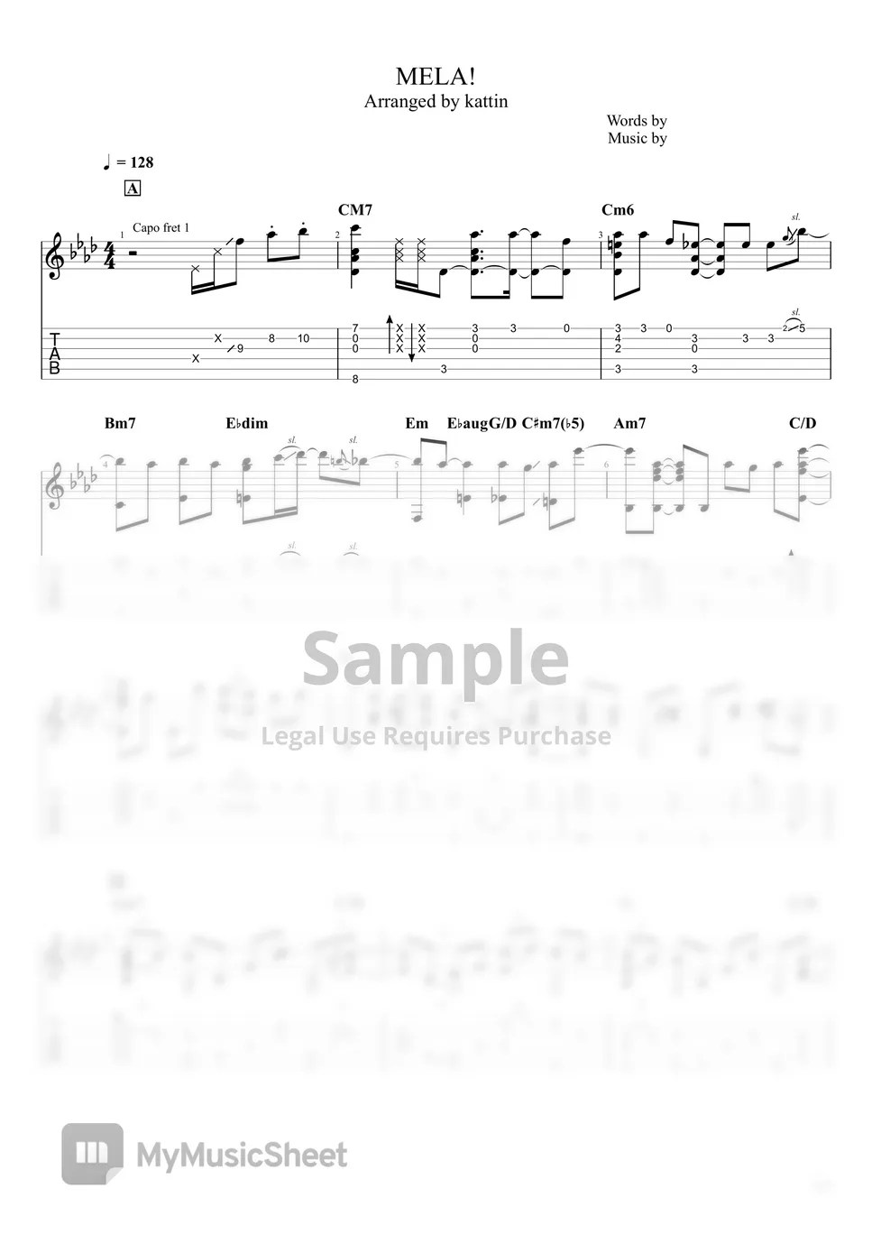 緑黄色社会 Mela! (ソロギター、fingerstyle) 악보 by kattin025