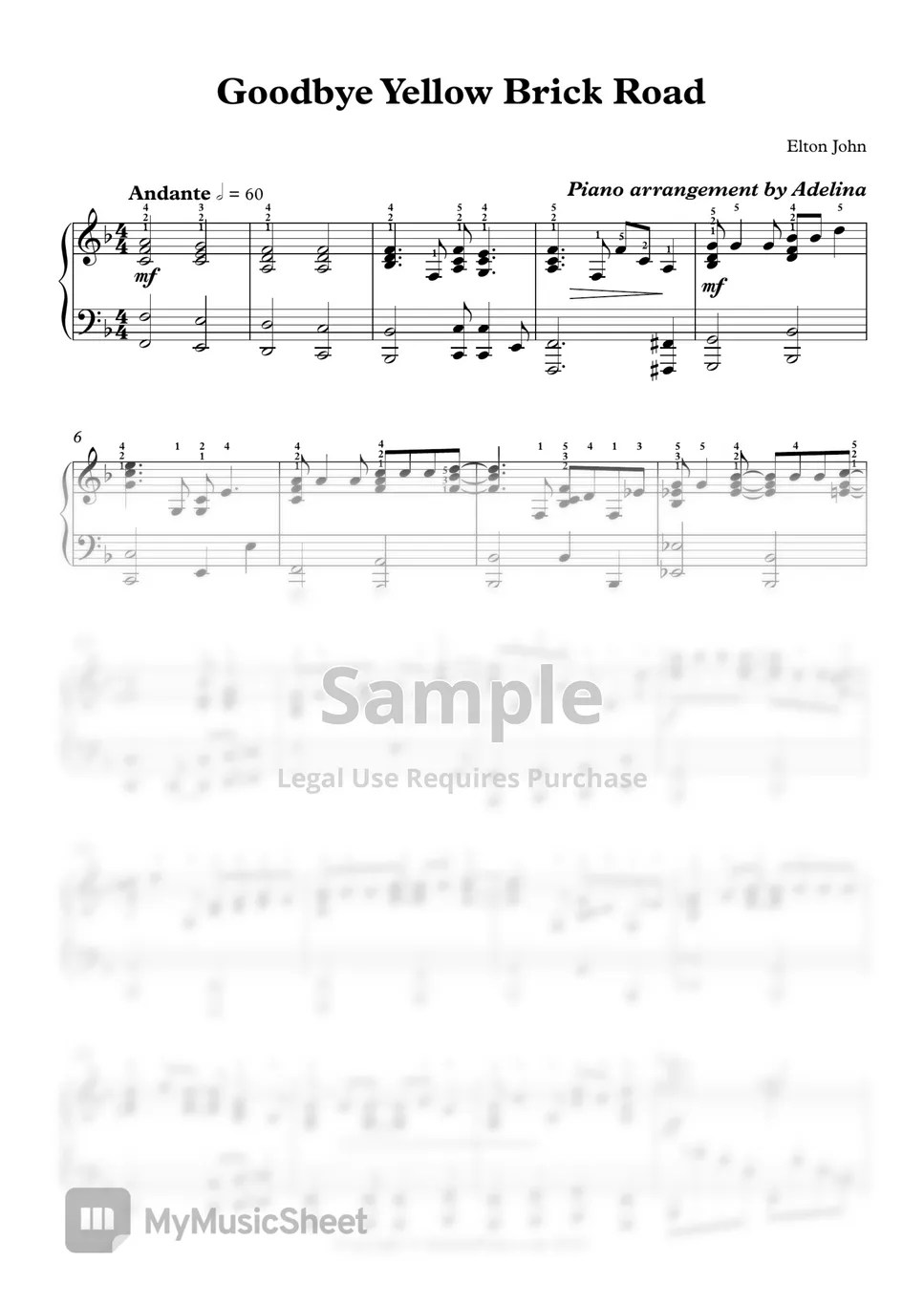 Elton John Goodbye Yellow Brick Road Sheets by Adelina Piano
