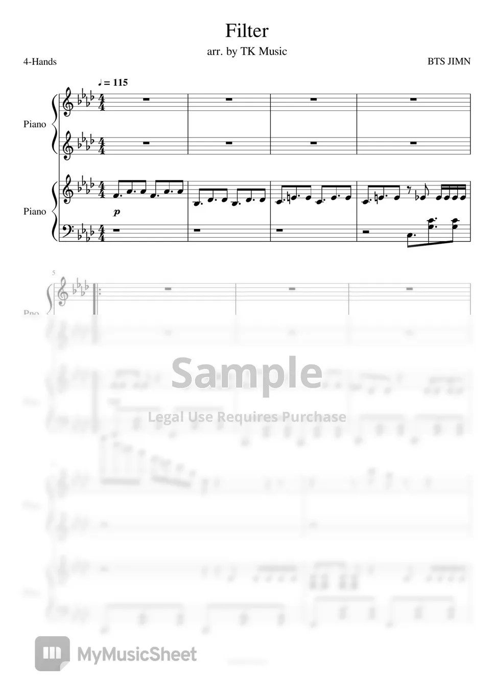 BTS JIMIN Filter (4hands) Sheets by TK Music