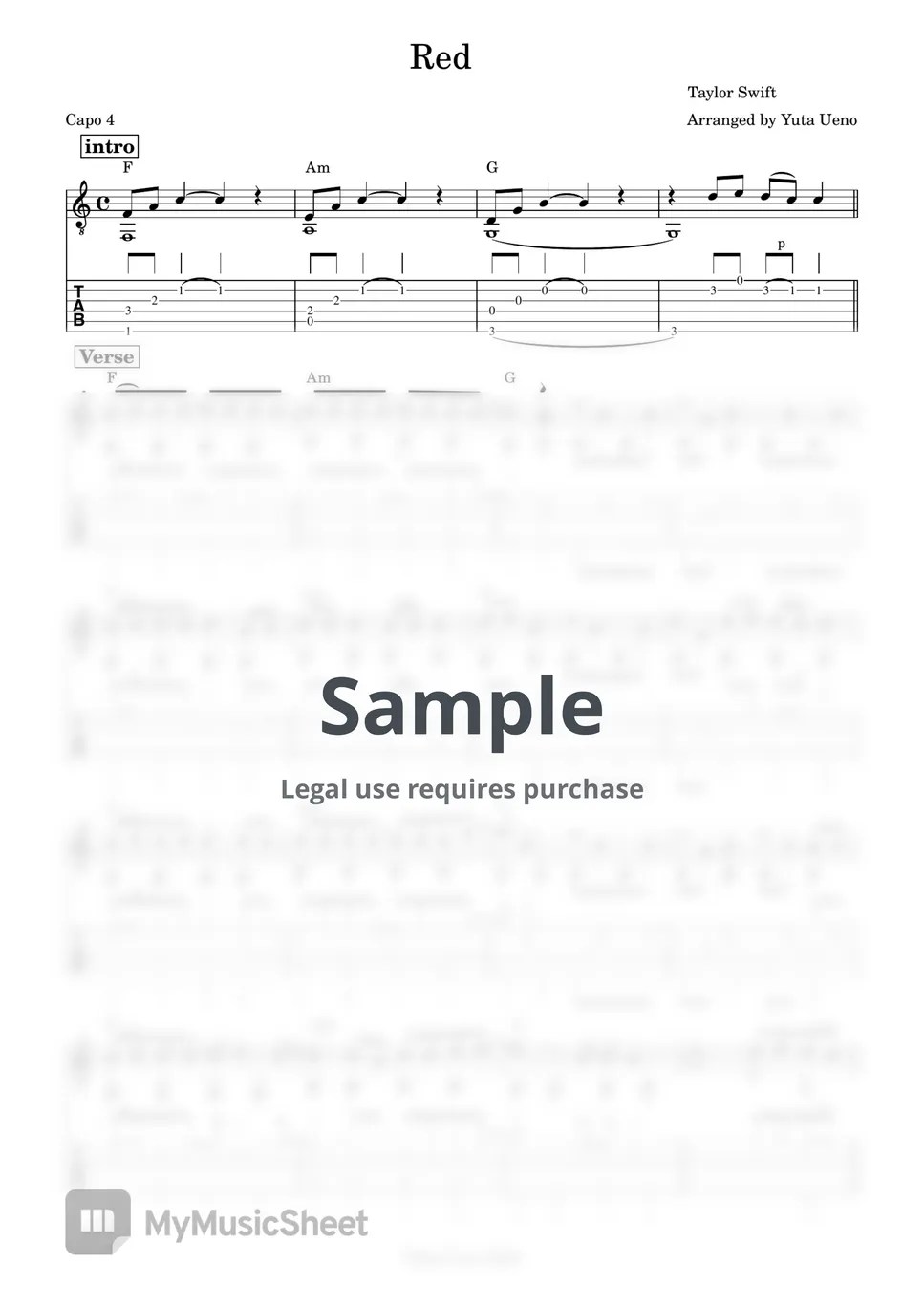 Taylor Swift Red (Fingerstyle) Tab + 단선 악보 by Yuta Ueno