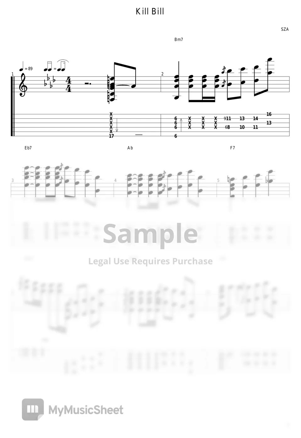 SZA Kill Bill Tab + Partition à une seule portée by guitar cover with tab