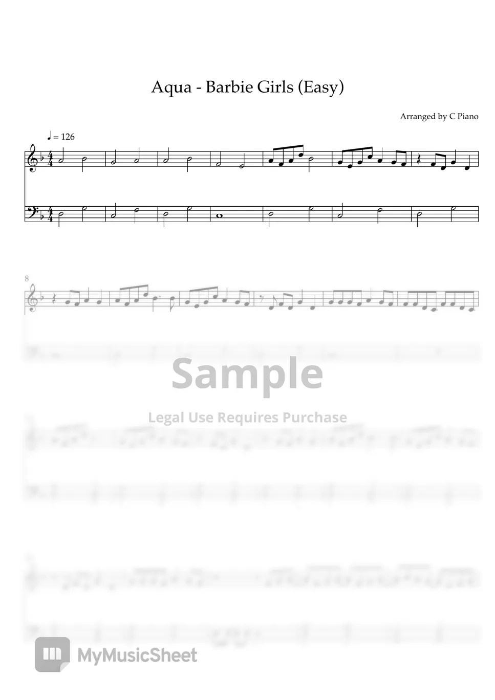 Aqua Barbie Girl (Easy Version) 楽譜 by C Piano