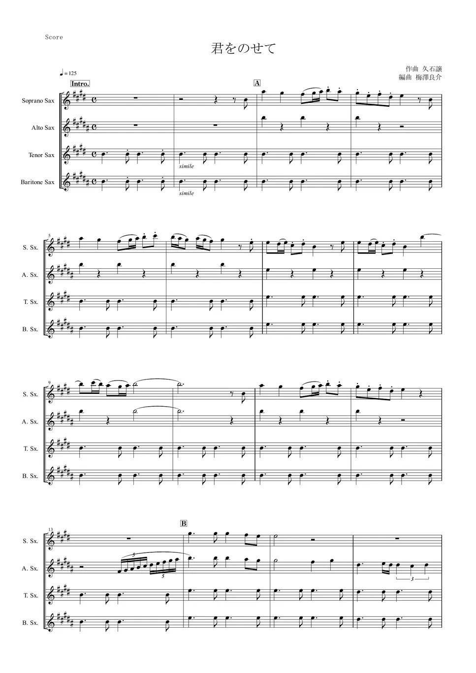 Castle in the Sky Carrying You (Sax Quartet) Spartito by Studio Ghibli