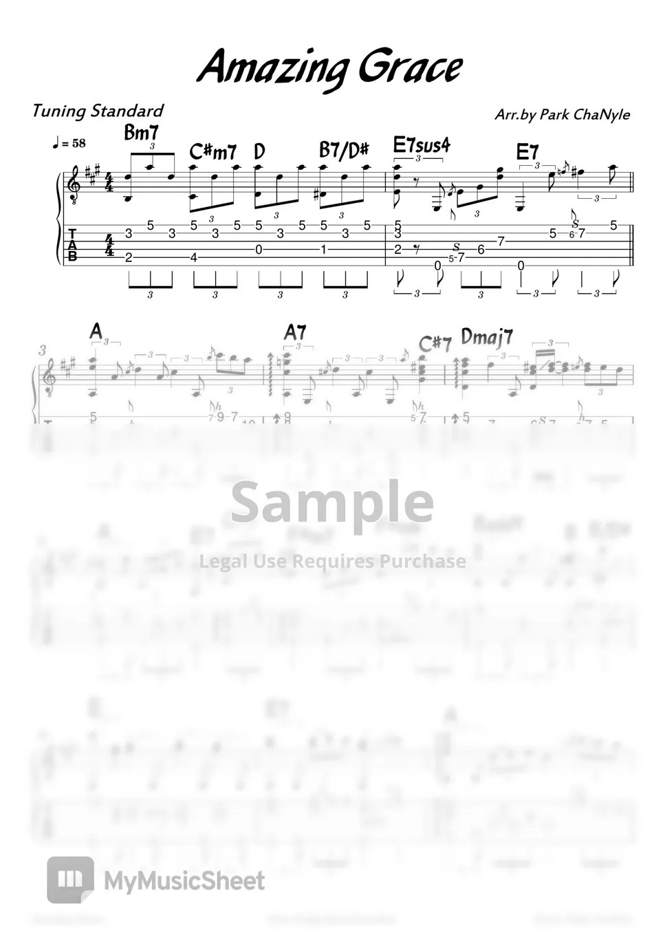 John Newton Amazing Grace (Jazz Fingerstyle Guitar) Tab + 1staff by